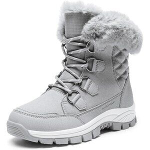 Women’s Grey Waterproof Snow Boots Warm Faux Fur Lace Up Mid Calf